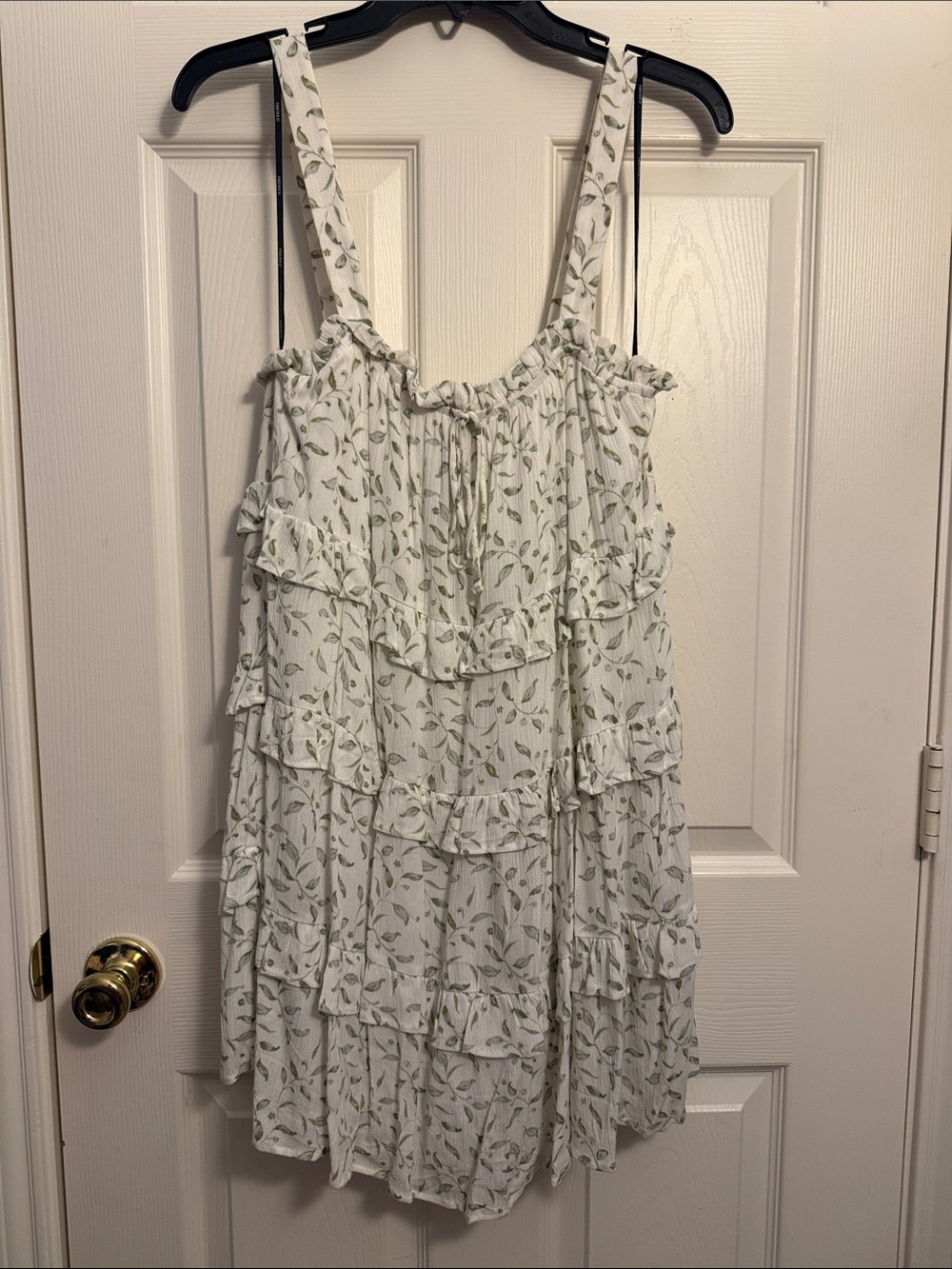 Forever 21 White Mini Dress with Green Leaf Print and Ruffle Tiers